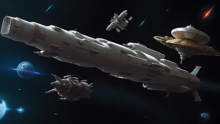 Spaceship in outer space, space station in the background, detail, Pengzhen Zhang artstation, warhammer 40000, trending on artstation, artstationhd, artstationhq, 4k, 8k, sci fi