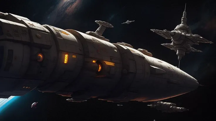 Spaceship in outer space, space station in the background, detail, Pengzhen Zhang artstation, warhammer 40000, trending on artstation, artstationhd, artstationhq, 4k, 8k, sci fi