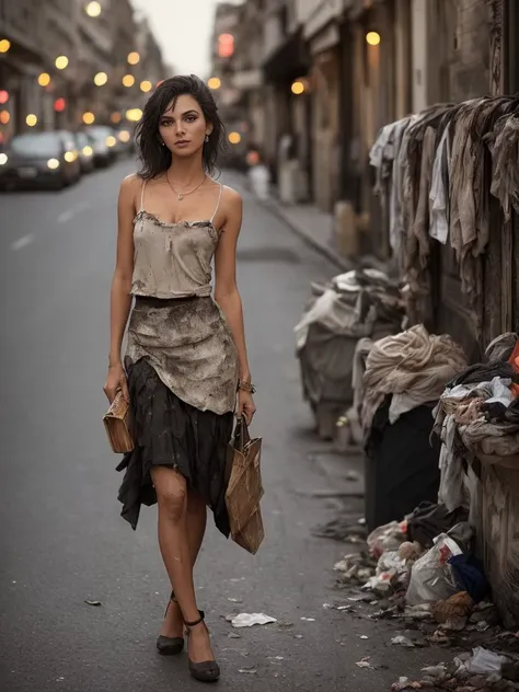 alluring stuning gorgeous posing european drunk homeless sexy business lady weared ((dirty))ripped skirt, ripped blouse, intricate enviroment, intricate texture of skin, food waste, trash, garbage, little dead rat , night, night street lights, carton boxes, cute face, sexual intention, normal legs