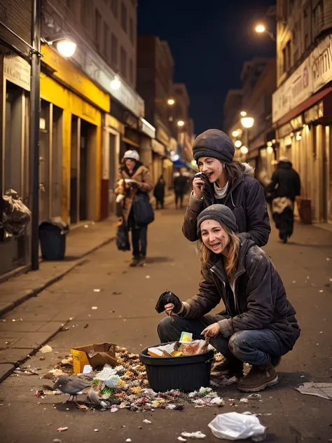 happy drunk homeless woman eating rat, weared (((dirty))) business dress, intricate enviroment, food waste, trash, garbage, dead rats on the ground, evening street lights, one dead pigeon on the ground, carton boxes behind, making a business