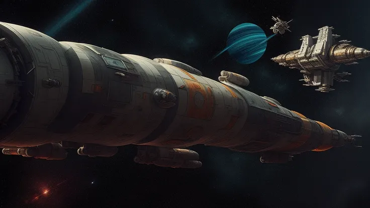 Spaceship in outer space, space station in the background, detail, Pengzhen Zhang artstation, warhammer 40000, trending on artstation, artstationhd, artstationhq, 4k, 8k, sci fi