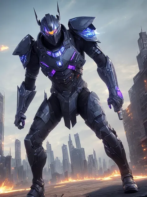 digital art of  pole, full body, open wound, (gaver style: 1.3,), strong thing weared mask, agressive pose, overview aspect, close up, microprocessor, , critical damage, intricate armored skin, complicated armor texture, overdetailed, strong geometry, blue and purple energy flows inside body, hdr+, 8k, QHD, backlighting, unreal engine, gothem city background