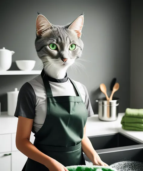 portrait, professional shot, anthropomorphic female gray cat, ultra detail fur, green eyes, wearing apron and black t-shirt, washing the dishes, kitchen background, incredible detailed, adobe lightroom