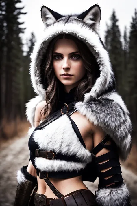 RAW photo, a photo of a beautiful huntress girl, (sexy broken shoulder armor:1.2), fluffy wolf hoodie, intricate details, hyperrealism, dark shot