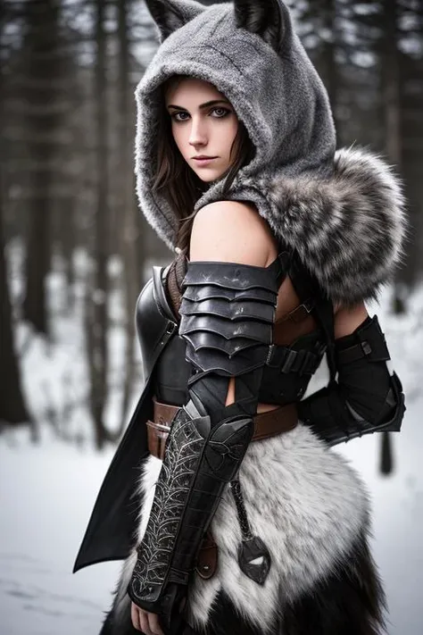 RAW photo, a photo of a beautiful huntress girl, (sexy broken shoulder armor:1.2), fluffy wolf hoodie, intricate details, hyperrealism, dark shot, hdr