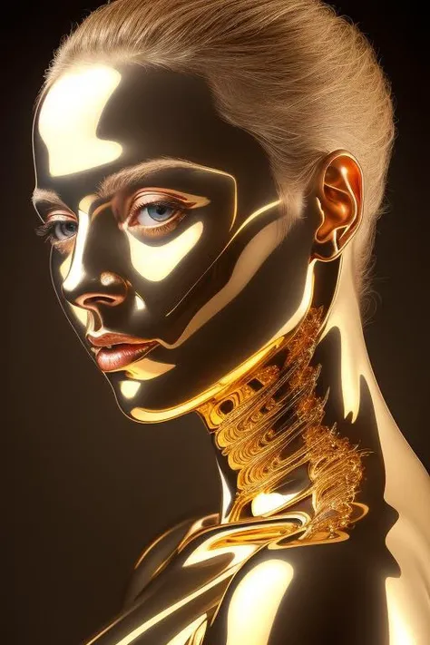 masterpiece, best quality, 8k, ultrarealistic aesthetic artistic photo of beautiful nude woman, (woman head, normal woman face:1.5), biomechanic body ultrarealistic gold chrome, (half body:1.2), reflection of light, reflective lighting, sharp focus (by h.r. giger:1.3)