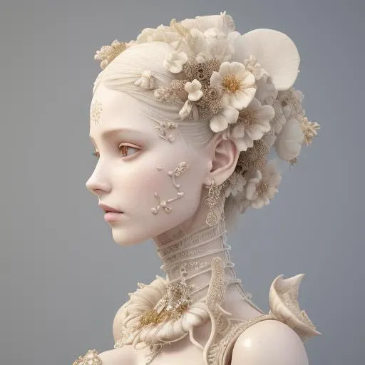black and white 3 d render, hyper detailed, fascinating biomechanical female cyborg with a porcelain translucent profile face, analog, big autumn leaves foliage and stems, made of white pore fungi, morning glory flowers, hibiscus flowers, boho floral vines, hexagonal mesh fine wire, sinuous fine roots, fine filigree foliage lace, luxurious, elegant, alexander mcqueen high fashion haute couture, earring, art nouveau fashion embroidered, steampunk, intricate details, mandelbrot fractal, white background, anatomical, facial muscles, translucent microchip, octane render, h. r. giger style, volumetric lighting, 8 k post - production  highly detailed art