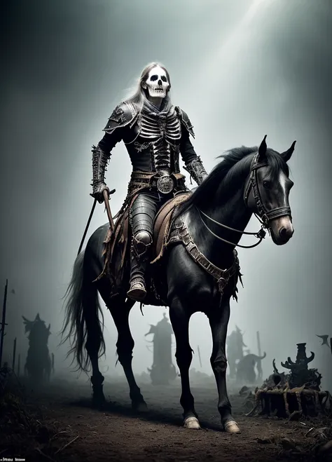 An award-winning photo of a fantasy dead necromancer from the Warcraft game up to the waist, dressed in a torn leather jacket, hedish, covered with scars and scratches, a sunken belly, a thin body, a gray horse, long gray hair, gray eyes, sitting on a horse skeleton, a dead horse with its head down without eyes, riding a bone horse from dark, ghostly creatures in the background, dark, sinister, cavernous, high contrast, shiny skin, lighting, blooming, light sparks, chromatic aberration, clear focus, lightroom, natural, perfect, [oliver wetter|(kodak portra:0.08)|(leibovitz:0.6)], raw, intricate, high quality, mamiya, exposure blend