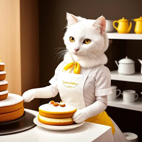portrait, professional shot, anthropomorphic white cat, ultra detail fur, yellow eyes, wearing maid uniform, cooking cakes, apron, cafe background, incredible detailed, adobe lightroom