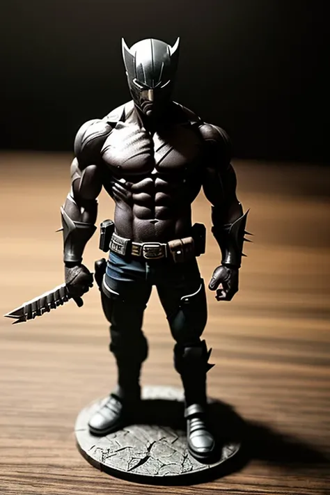 epic realistic, photo, faded, candid, gloomy and dramatic full body, cute mini figure wolverine, on desk, dark lighting, heavy shadows, detailed, (vibrant, photo realistic, realistic, dramatic, dark, sharp focus, 8k)
