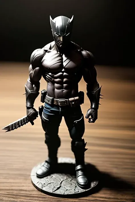 epic realistic, photo, faded, candid, gloomy and dramatic full body, cute mini figure wolverine, on desk, dark lighting, heavy shadows, detailed, (vibrant, photo realistic, realistic, dramatic, dark, sharp focus, 8k)