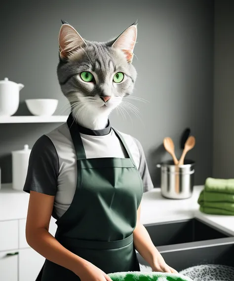 portrait, professional shot, anthropomorphic female gray cat, ultra detail fur, green eyes, wearing apron and black t-shirt, washing the dishes, kitchen background, incredible detailed, adobe lightroom