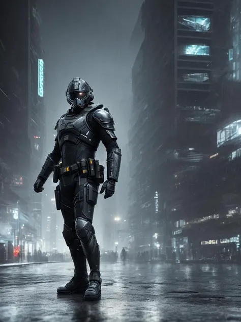 hyperrealistic dark photoshot of (((full body))), homeless (( s.w.a.t)), mask, helmet, black glasses, M16, posing, agressive view, acsonometric direction pose, ((futuristic minimalistic wet city architecture background)), overdetailed texture, hdr+, 8k, QHD, backlighting, glow, unreal engine, dynamic lighting, beautyfull refraction, ((low-key lighting, dimly light)), (vignette), (((intricate armor electric components covering surface texture ))), (((panorama view)))