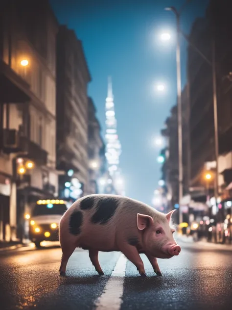 realistic photoshot  of pig,  reach, successfull,  gorgeous  street, dark night, street lights, intricated details, ultrahigh quality, real beaty, wet road, dark shot