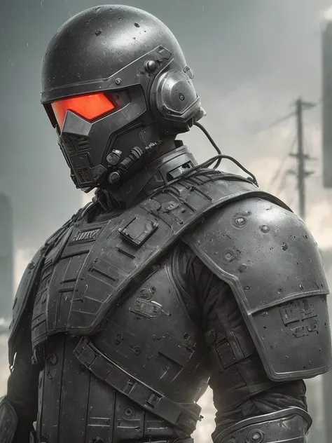hyperrealistic dark photoshot of  ((s.w.a.t)), mask, helmet, carbon black glasses, M16, bluster, posing, agressive view, acsonometric direction, futuristic architecture, wet city background, overdetailed texture, hdr+, 8k, QHD, backlighting, glow, unreal engine, dynamic lighting, beautyfull refraction, ((low-key lighting, dimly light)), (((intricate electric components surface texture covering armor))), saturated colors, vignette