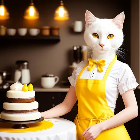 portrait, professional shot, anthropomorphic white cat, ultra detail fur, yellow eyes, wearing maid uniform, cooking cakes, apron, cafe background, incredible detailed, adobe lightroom