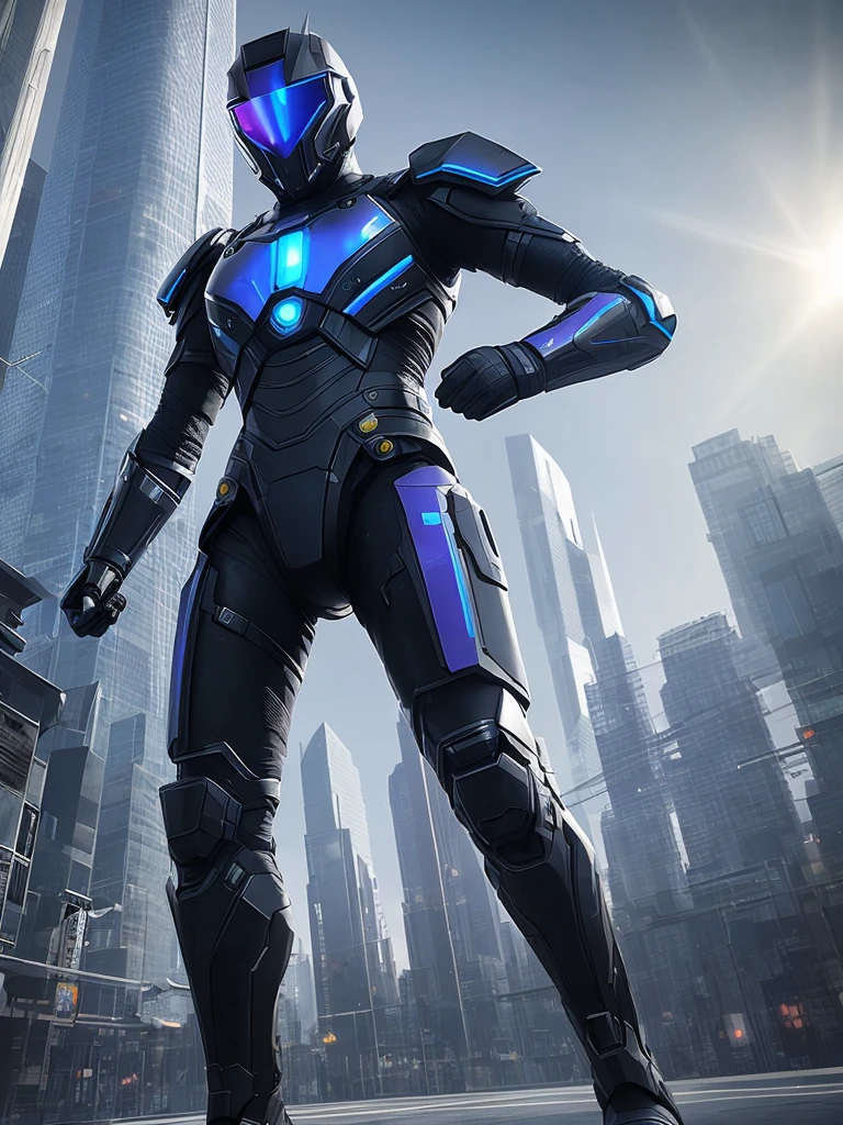 [[[futuristic architecture, strong geometry, post appocalyptic wet city background]]], hyperrealistic dark photoshot of  pole, full body, hyperrealistic strong android weared scary mask and helmet, ( style: 2.0), agressive face, overview aspect, close up, microprocessor, armored skin, complicated armor texture, overdetailed, blue and purple energy flows inside body, hdr+, 8k, QHD, backlighting, unreal engine, dynamic lighting, beautyfull refraction
