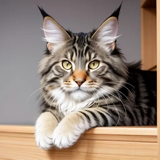 Maine Coon  lies on the closet and watches, natural color, professional photo, hyper detailed