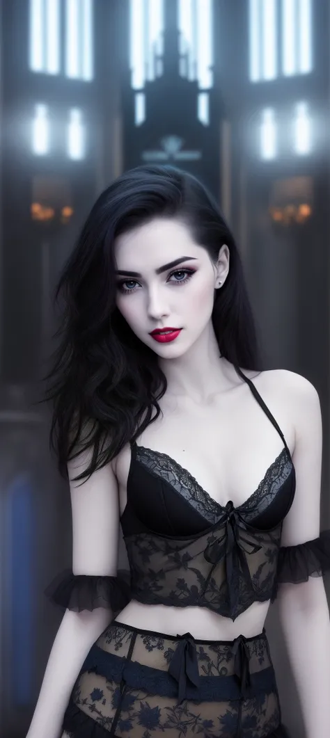 fashion model vampire 30 years old, black hair, pale skin, black lingerie, [[[[closeup]]]], [[[[sharp focus]]]], perfect face, beautiful eyes, realistic skin, (freckles:0.5), (moles:0.7), perfect teeth, (((hdr)))