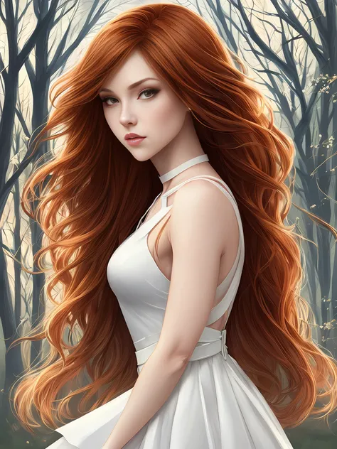artgerm lau, beautiful caucasian lady in park in moonlight, shadows, hdr, ginger long hair down to her waist, wearing a white dress, anatomical correct, (high contrast:1.2), dark, night, outlined