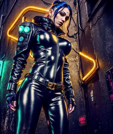 artistic photograph of a cyberpunk female thug wearing a latex suit, full body shot, extremely detailed, centered, intricate neon back alley in the background, high resolution, hyperdetailed, soft lighting, film grain