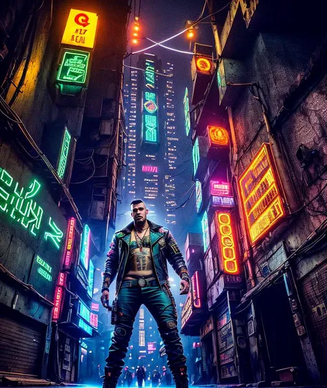 artistic photograph of a cyberpunk thug, full body shot, extremely detailed, centered, intricate neon slums in the background, high resolution, hyperdetailed, soft lighting, film grain