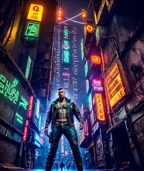 artistic photograph of a cyberpunk thug, full body shot, extremely detailed, centered, intricate neon slums in the background, high resolution, hyperdetailed, soft lighting, film grain