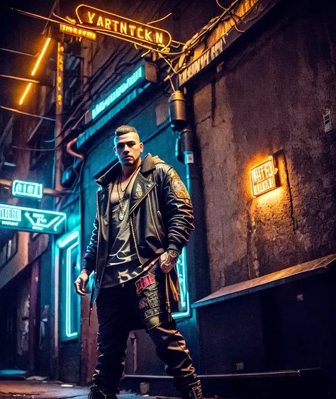 artistic photograph of a cyberpunk thug, full body shot, extremely detailed, centered, intricate neon back alley in the background, high resolution, hyperdetailed, soft lighting, film grain