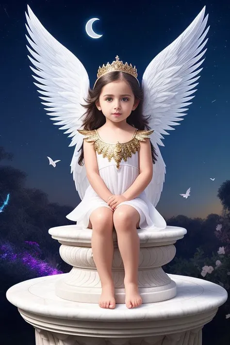 little cute angel with feathered wings looking to the night sky, ((gorgeous face)), ((realistic)), sitting on the outer egde marble gazebo at night garden and surrounded by white litle birds flying around her, all illuminated by the moon, intricate detailed, professional lighting, high definition, 8k, studio light