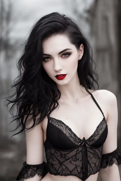 fashion model vampire 30 years old, black hair, pale skin, black lingerie, [[[[closeup]]]], [[[[sharp focus]]]], perfect face, beautiful eyes, realistic skin, (freckles:0.5), (moles:0.7), perfect teeth, (((hdr)))