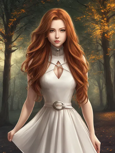 artgerm lau, beautiful caucasian lady in park in moonlight, shadows, hdr, ginger long hair down to her waist, wearing a white dress, anatomical correct, (high contrast:1.2), dark, night, outlined