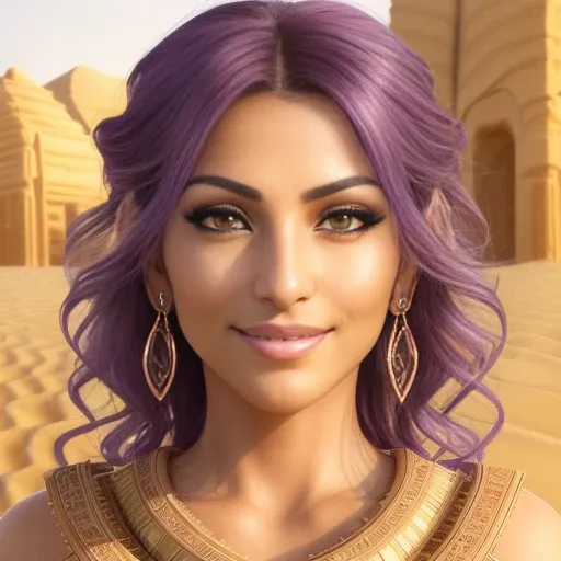 (smirk) (((Front Facing View))), (full body), (Highly Detailed, HD), Beautiful, Stunning, (Portrait:1.2), Character, (arabic) feminine features, (adult), figure, mischievous expression, ((tan)) skin, green eyes, Wavy (hot), purple hair, ((smirk)), smile, confident, (self-assurance), ((Symmetrical Detailed Eyes)), (soft light:1.5), glow sun effect, (desert atmosphere:1.6)