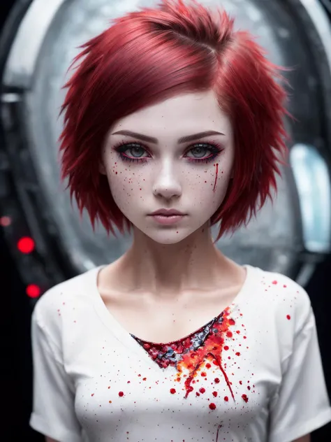 ((((pulls hands forward)))), High detail RAW color art, animation, cartoon, (((wearing wet t-shirt whit blood splatter))), (((nerd smart, beautiful face))), blood splatter, white skin, freckles, (((cute tomboy aboard the spaceship))), goth makeup, barely legal, magical atmosphere, ((((red and wery short tomboy hair)))), focus on eyes, (detailed skin, skin texture), (intricately detailed, fine details, hyperdetailed), raytracing, subsurface scattering, diffused soft lighting, shallow depth of field, by (Oliver Wetter), photographed on a Canon EOS R5, 28mm lens, F/2.8, sharp focus bokeh