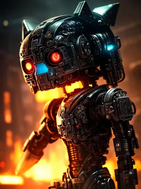 a cute [kitten:terminator:0.1] made out of metal, cyborg, cyberpunk style, ((intricate details)), hdr, ((intricate details, hyperdetailed)), cinematic shot, vignette