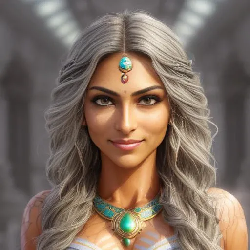(smirk) (((Front Facing View))), (full body), (Highly Detailed), Beautiful, Stunning, (Portrait:1.2), Character, (indian) feminine features, (adult), figure, mischievous expression, ((tan)) skin, green eyes, Wavy (long gray) hair, ((smirk)), smile, confident, (self-assurance), ((Symmetrical Detailed Eyes)), (soft light:1.5), glow sun effect, (Steppes atmosphere:1.6), dramatic light