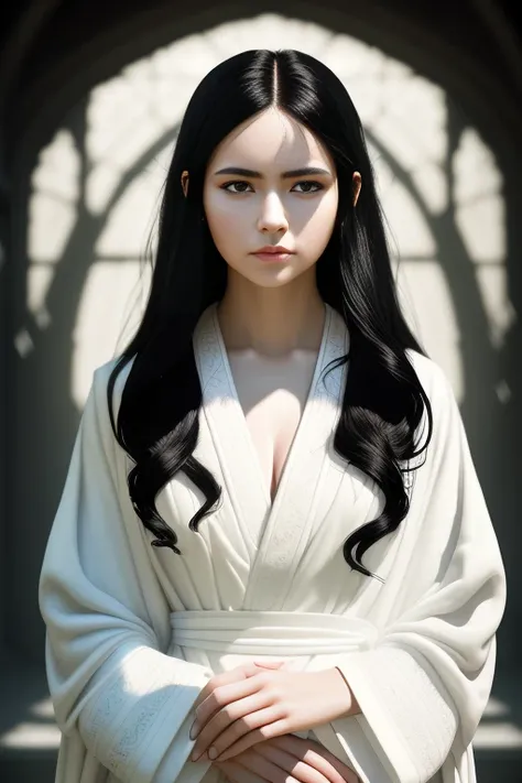 deliberate style. photo portrait of a young woman, fair skin, black hair, white robe, serene, dreamy, etherial, photorealistic, intricate details,    soft light, soft shadows, cinematic light, ray trace, 8k, 600mm lens,