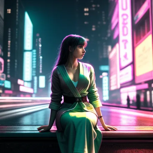 pretty sixteen years old woman, sit on a garden bench, (photorealistic:1), 4k, hdr, photo, melancholic, hyperdetailed, [nude:wears robe:0.3], geberal plan, in cyberpunk city, arms crossed, blade runner style, neon