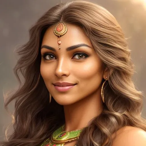 (smirk) (((Front Facing View))), (full body), (Highly Detailed), Beautiful, Stunning, (Portrait:1.2), Character, (indian) feminine features, (adult), figure, mischievous expression, ((tan)) skin, green eyes, Wavy (long brown) hair, ((smirk)), smile, confident, (self-assurance), ((Symmetrical Detailed Eyes)), (soft light:1.5), glow sun effect, (Steppes atmosphere:1.6), dramatic light
