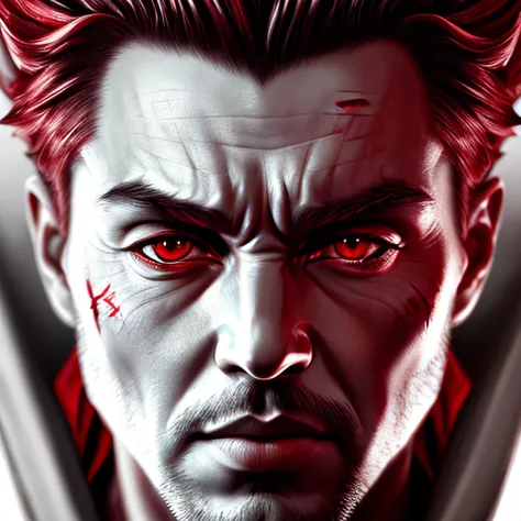ultrarealistic drawing of red satan's face, highly detailed face, devilish red, masterpiece, 8k, trending on artstation, highly detailed, (half body)1.2