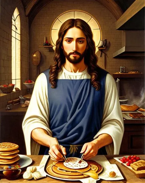 (Jesus cooks pancakes:1.1), biblical Art, hyper detailed, oil painting