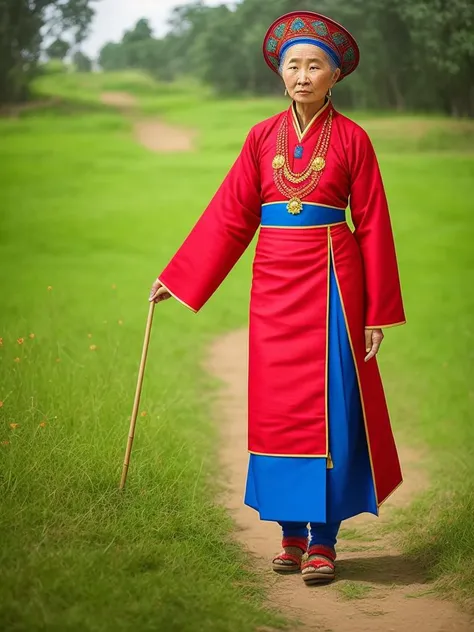 deliberate style.  full body bold  pose, full color photo of 999 years old traditional clothes burmezy woman, hdr, front.