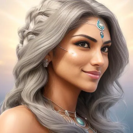 (smirk) (((Front Facing View))), (full body), (Highly Detailed), Beautiful, Stunning, (Portrait:1.2), Character, (indian) feminine features, (adult), figure, mischievous expression, ((tan)) skin, green eyes, Wavy (long gray) hair, ((smirk)), smile, confident, (self-assurance), ((Symmetrical Detailed Eyes)), (soft light:1.5), glow sun effect, (Steppes atmosphere:1.6), dramatic light