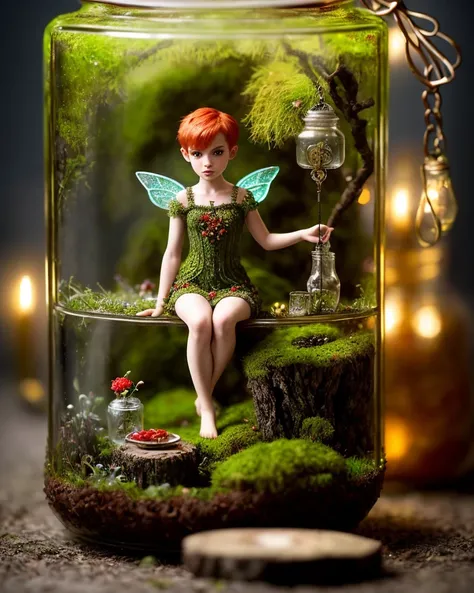 a full body photo of a 1 miniature fairy 19 yo with red short hair, detailed frightened face, sitting on moss ((inside)) a llarge glass jar, (dark shot), (horror:1.1), intricate details, cinemstic, muted colors,  loot, intricate details, warm lights, hdr+
