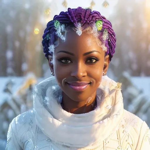 ((smirk) (((Front Facing View))), (full body), (Highly Detailed, HD), Beautiful, Stunning, (Portrait:1.2), Character, (African) feminine features, (adult), figure, mischievous expression, ((tan)) skin, green eyes, Wavy (hot), purple hair, ((smirk)), smile, confident, (self-assurance), ((Symmetrical Detailed Eyes)), (soft light:1.5), glow sun effect, (snowfall atmosphere:1.6)