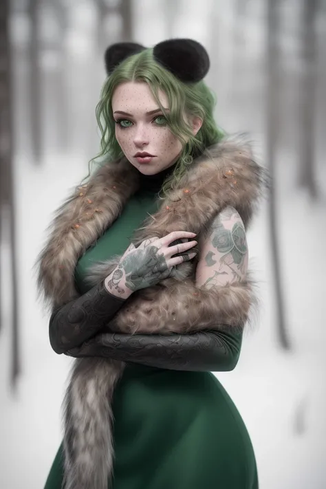 full length frame, High detail RAW color art, (((black lingre))),green eyes,(elegant, beautiful face),piercing,(tattoed),(freckles),pinup makeup,ketch of woman full body, thick thighs, (((cute girl))), barely legal,winter atmosphere, ((toxic long hair)),((green dress with fur)),(detailed skin, skin texture), (intricately detailed, fine details, hyperdetailed), raytracing, subsurface scattering, (winter nature on background), ((muted colors)), diffused soft lighting, shallow depth of field, by (Oliver Wetter), photographed on a Canon EOS R5, 28mm lens, F/2.8, sharp focus bokeh