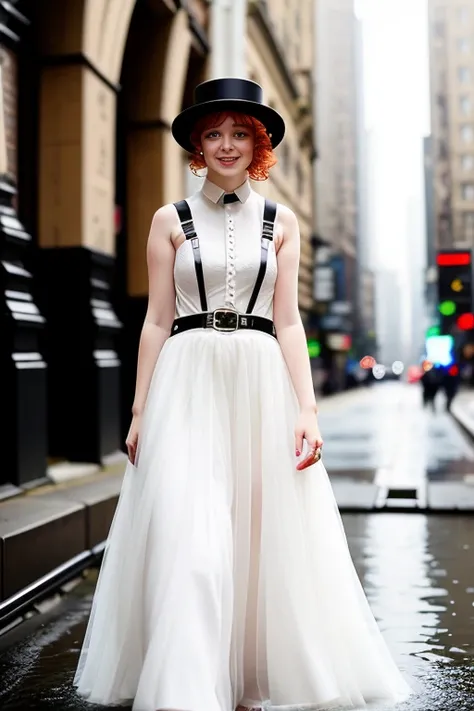 white ball gown, ginger, happy, (((harness))), ((wet)), rain, (small bowler hat), city street, in full height