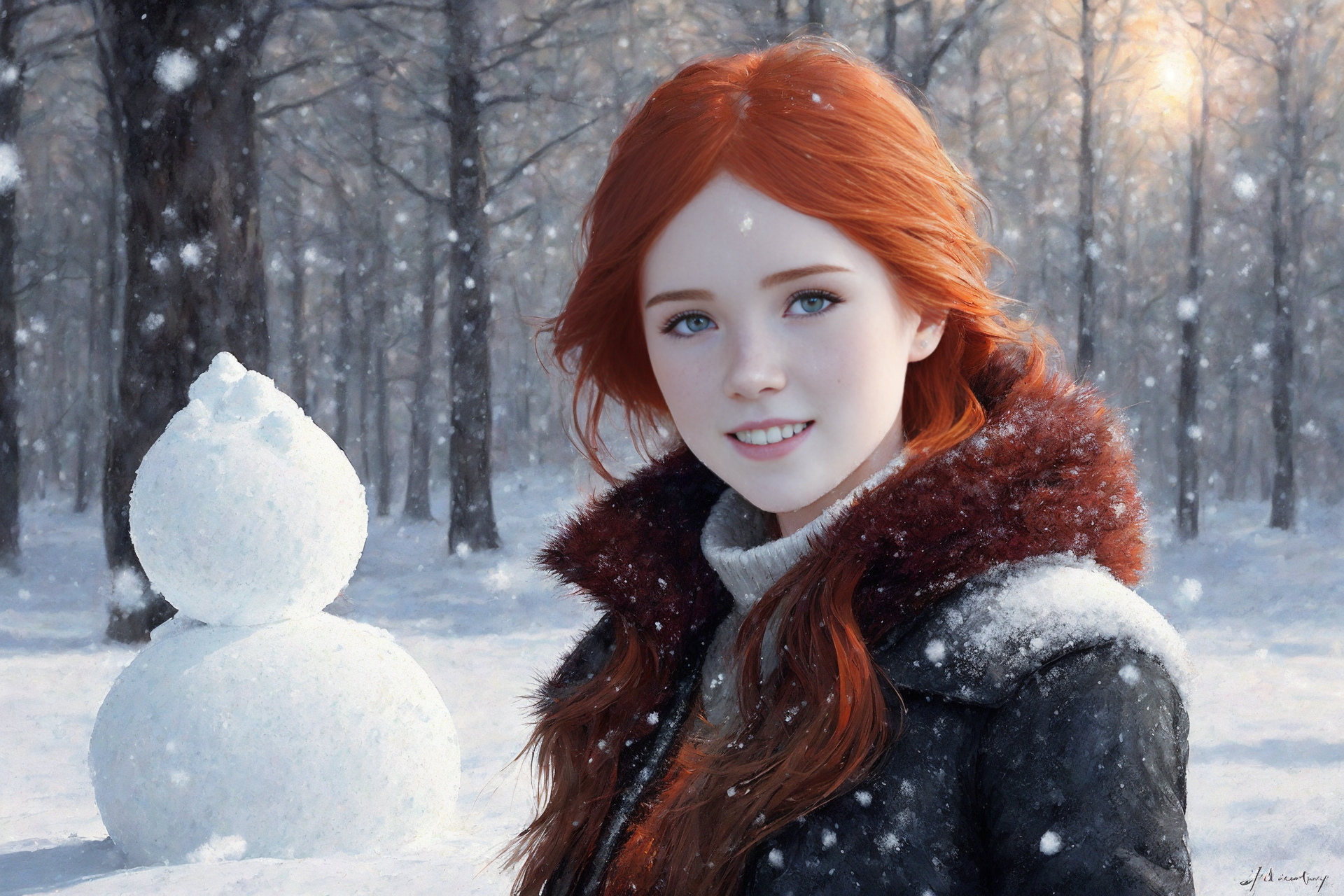 There is a woman standing in the snow next to a snowman - SeaArt AI