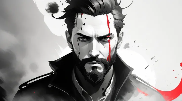 highly detailed portrait of pierce brisnan as old sailor, by Dustin Nguyen, Akihiko Yoshida, Greg Tocchini, Greg Rutkowski, Cliff Chiang, 4k resolution, Dishonored inspired, bravely default inspired, vibrant but dreary red, black and white color scheme!!!, epic extreme long shot, dark mood and strong backlighting, volumetric lights, smoke volutes, artstation HQ, unreal engine, octane renderer, HQ, 8K
