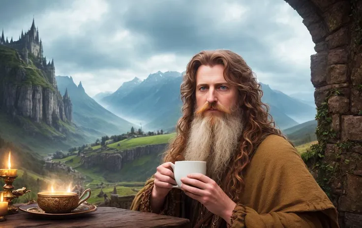 modelshoot style, (extremely detailed 8k wallpaper),a medium shot photo of tom bombadil drinking tea, Intricate, High Detail, dramatic, fantasy world, fantastic location, skin pores, very dark lighting, heavy shadows, detailed, detailed face, (vibrant, photo realistic, realistic, dramatic, dark, sharp focus, 8k), lotr,