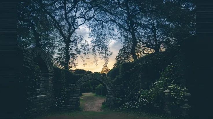 Stone ancient arch, outside garden with vines and ivy growing up the arch, beautiful roses, flowers, serene, lush greenery, beautiful, highly detailed, sunny day, muted tones, soft lighting, 8k post-processing, depth